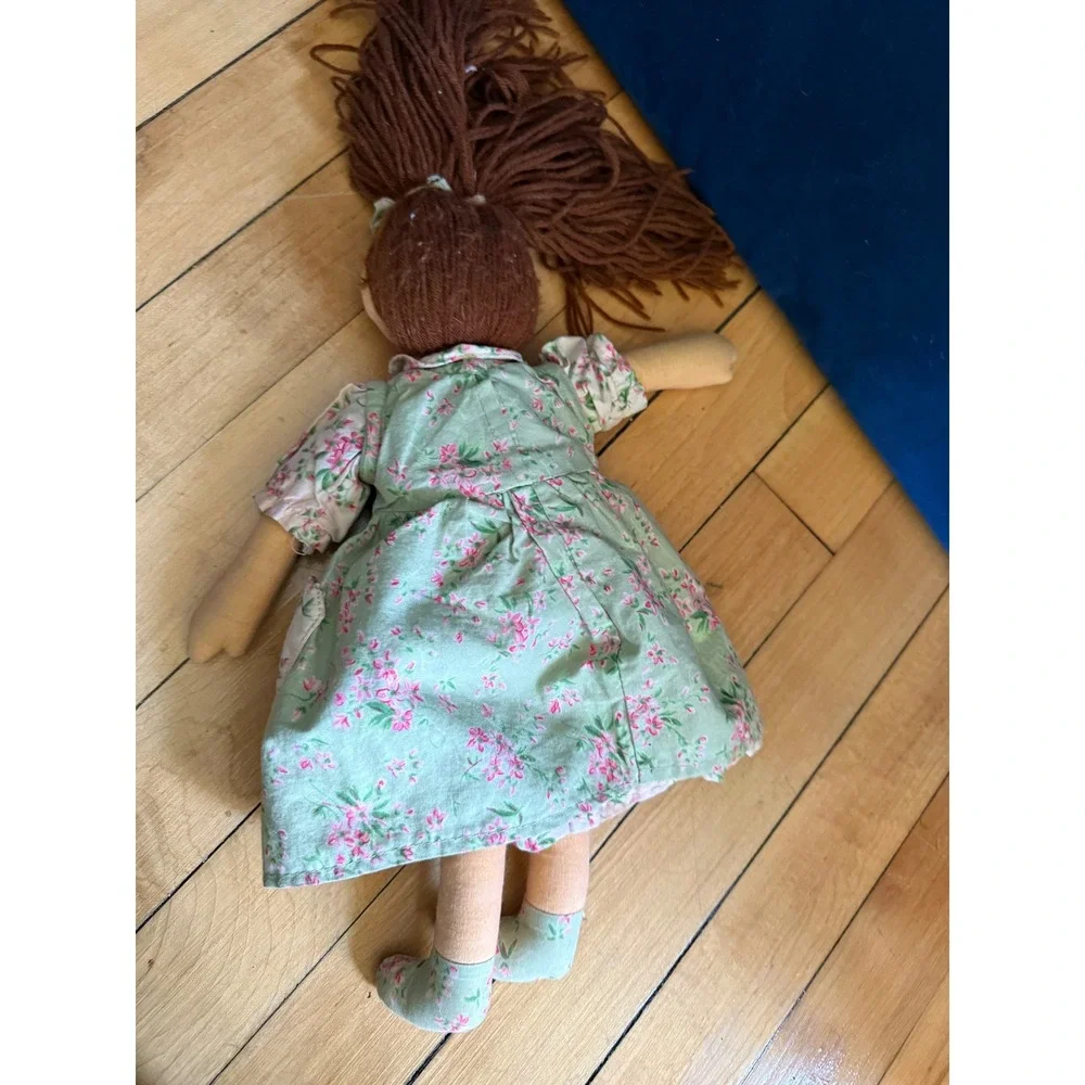 Vintage Cornell Rag Doll Green Floral Dress Yarn Hair Plush Toy 14 Inch